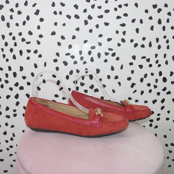 Vionic Red Suede Kenya Gold Horsebit Slip On Loafers - Picture 3 of 9